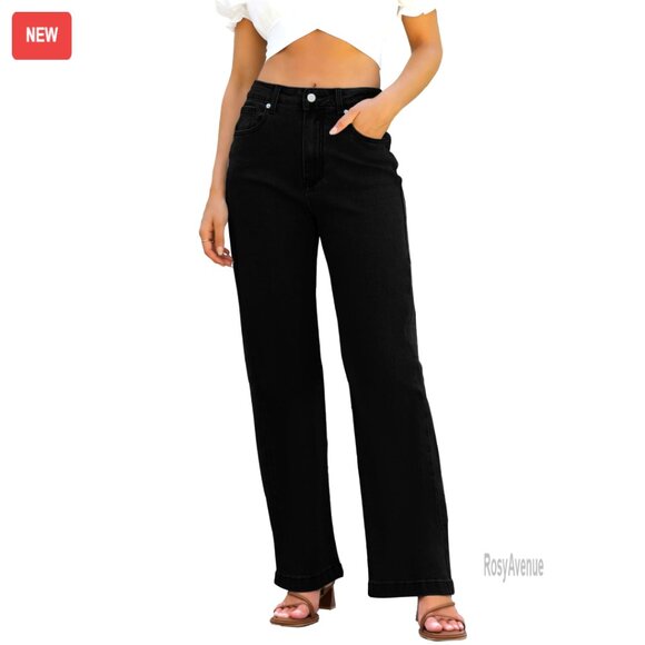 Denim - High Waisted Straight Leg Jeans Stretchy Tummy Control Lightweight